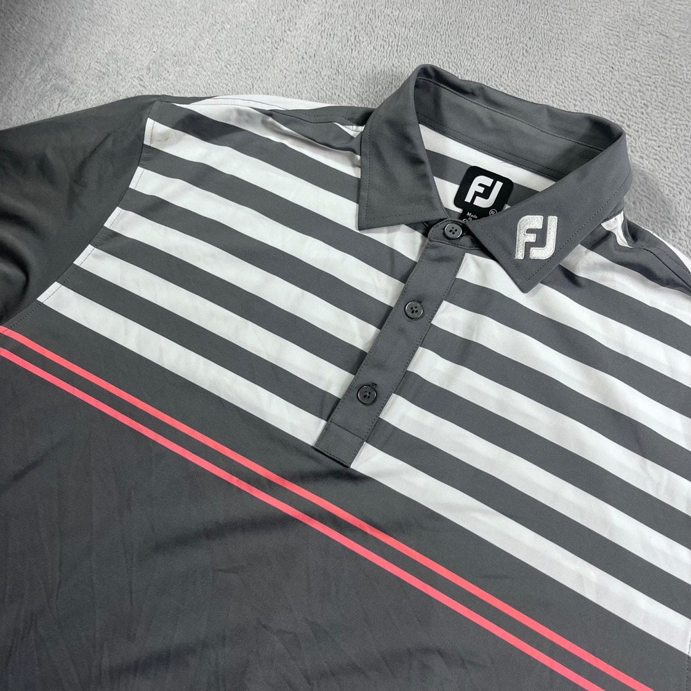 FootJoy FJ Mens XL Grey White Pink Striped Tour Collar Golf Polo Iron Lakes